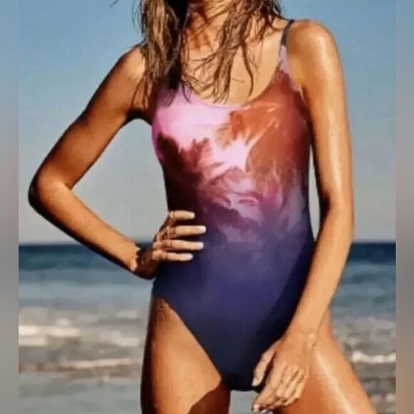 Victoria's Secret PINK High Leg One Piece Swimsuit Sunset Palm Tree Print L - Picture 1 of 11